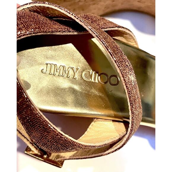 Jimmy Choo Papyrus Gold Copper Shimmer Leather Cork Wedge Sandals Ankle 38.5 - Picture 5 of 12